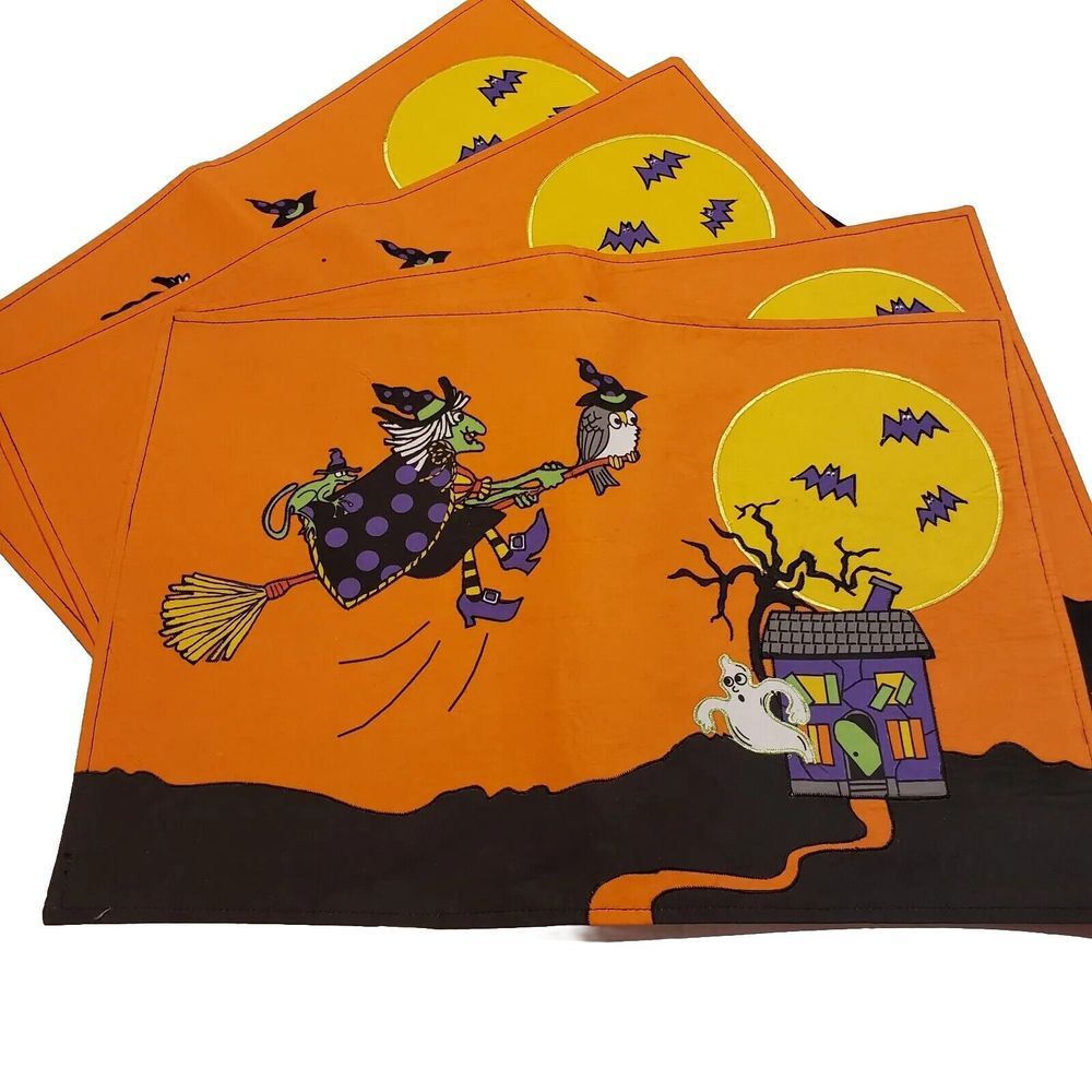 4 Table Halloween Placemats 13" x 19" Haunted House Witch Ghost Bats